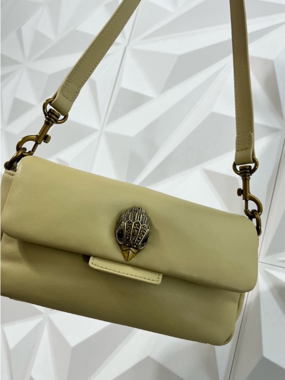 Kurt Geiger The Oxford Pale Yellow Leather Shoulder Bag with Antique Gold Emblem